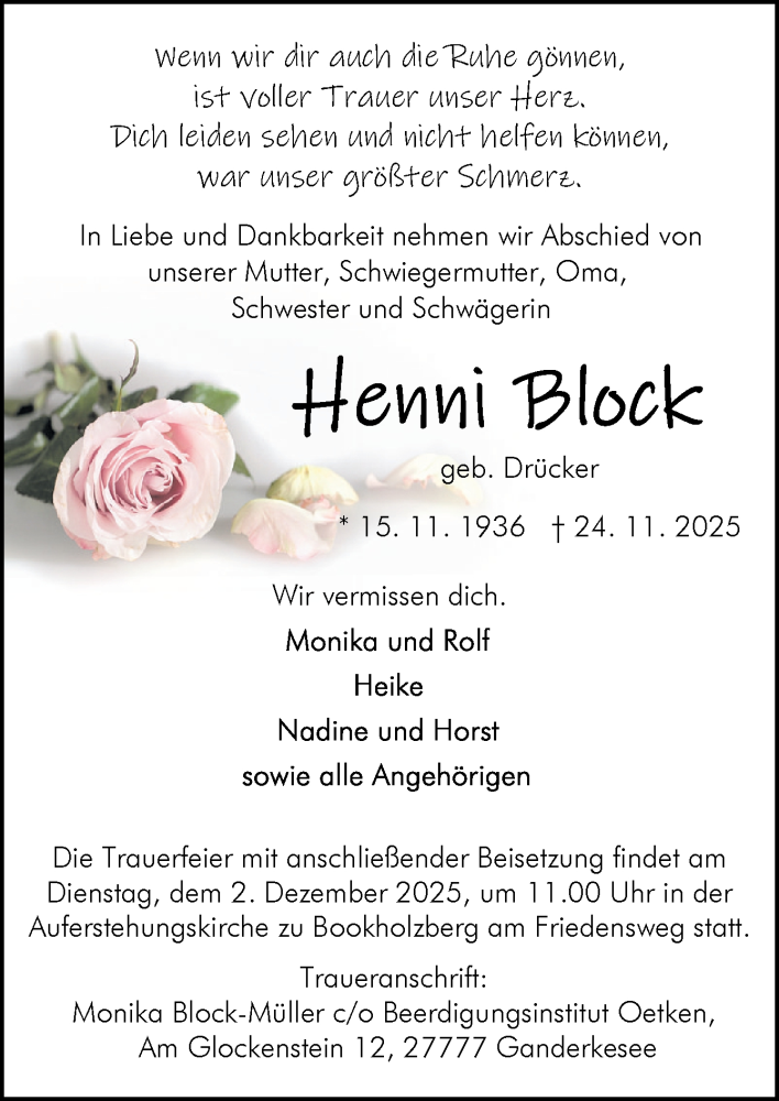  Traueranzeige für Henni Block vom 27.11.2025 aus DK Medien GmbH & Co. KG