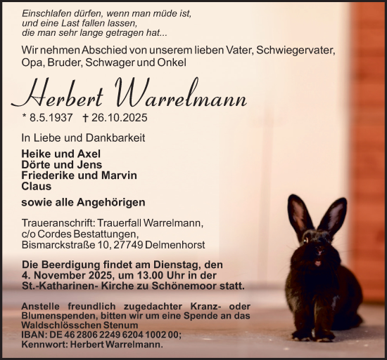 Traueranzeige von Herbert Warrelmann von DK Medien GmbH & Co. KG