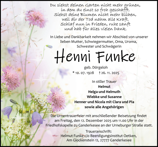 Traueranzeige von Hewni Funke von DK Medien GmbH & Co. KG