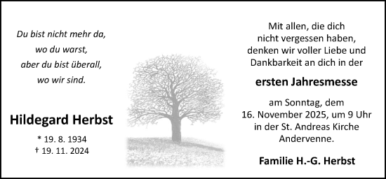 Traueranzeige von Hildegard Herbst von Neue Osnabrücker Zeitung GmbH & Co. KG