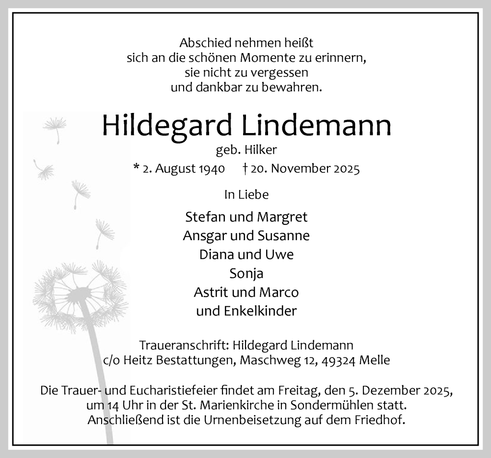  Traueranzeige für Hildegard Lindemann vom 29.11.2025 aus Neue Osnabrücker Zeitung GmbH & Co. KG