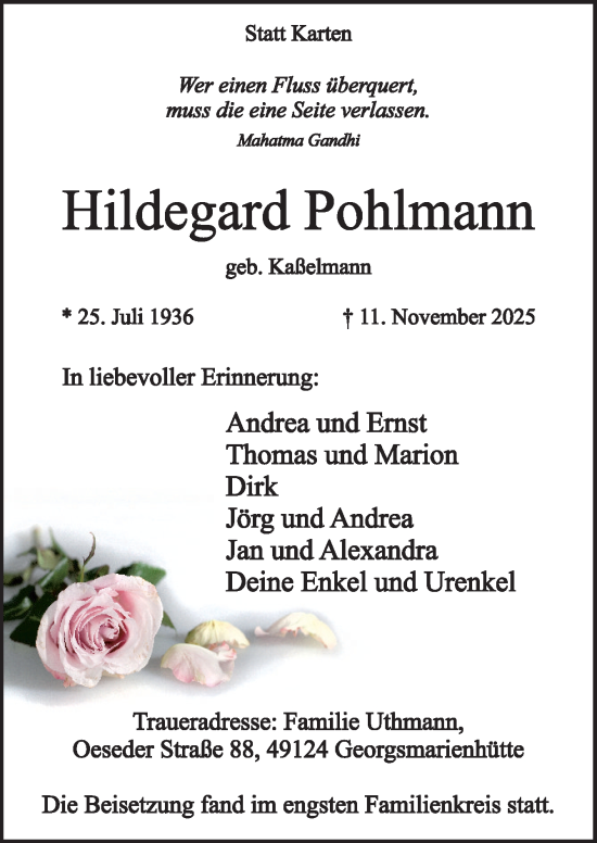 Traueranzeige von Hildegard Pohlmann von Neue Osnabrücker Zeitung GmbH & Co. KG