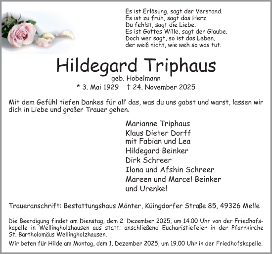 Traueranzeige von Hildegard Triphaus von Neue Osnabrücker Zeitung GmbH & Co. KG