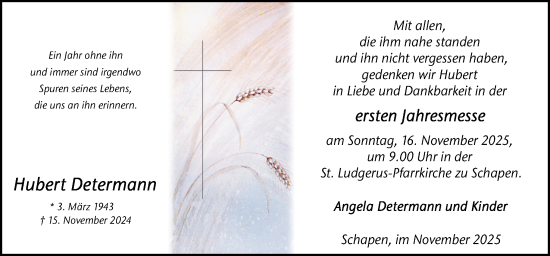 Traueranzeige von Hubert Determann von Neue Osnabrücker Zeitung GmbH & Co. KG