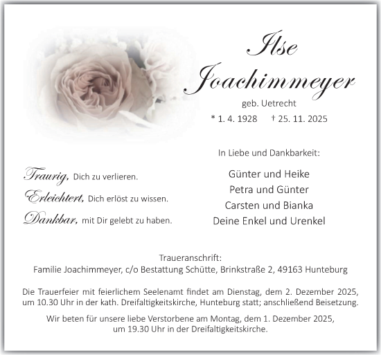 Traueranzeige von Ilse Joachimmeyer von Neue Osnabrücker Zeitung GmbH & Co. KG