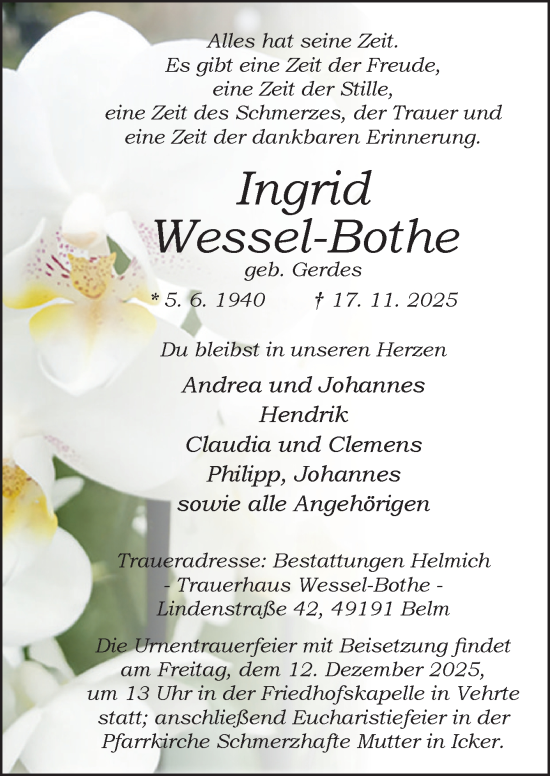 Traueranzeige von Ingrid Wessel-Bothe von Neue Osnabrücker Zeitung GmbH & Co. KG