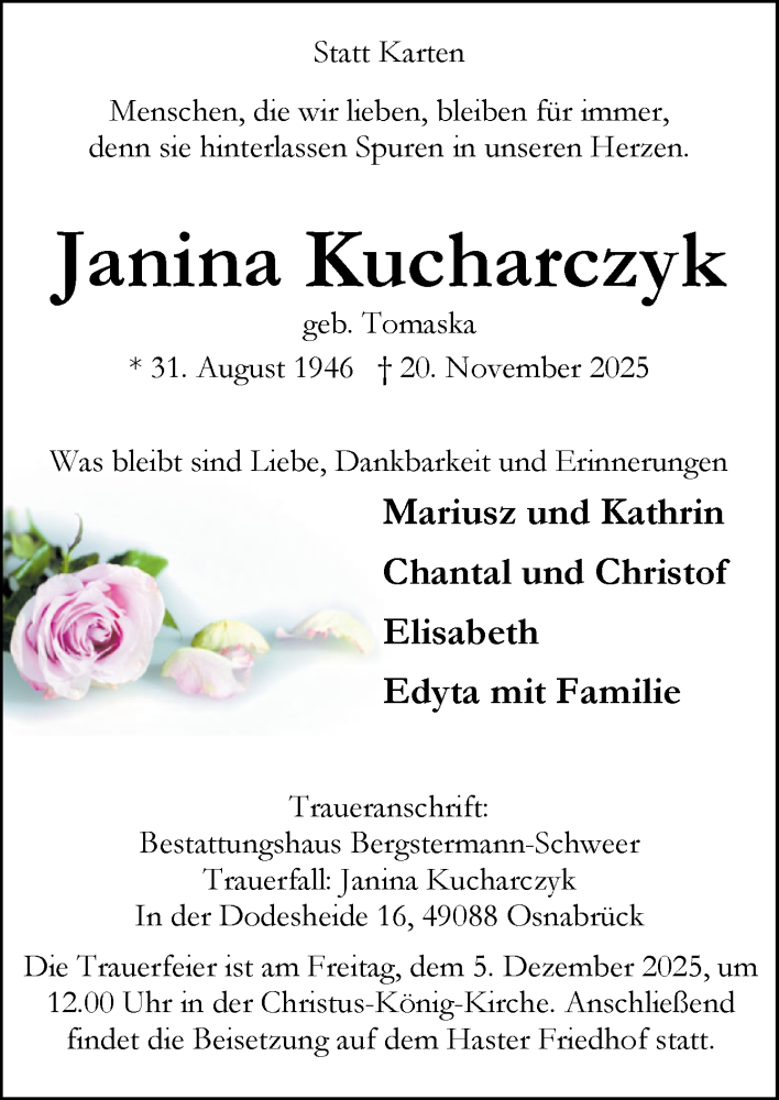  Traueranzeige für Janina Kucharczyk vom 29.11.2025 aus Neue Osnabrücker Zeitung GmbH & Co. KG