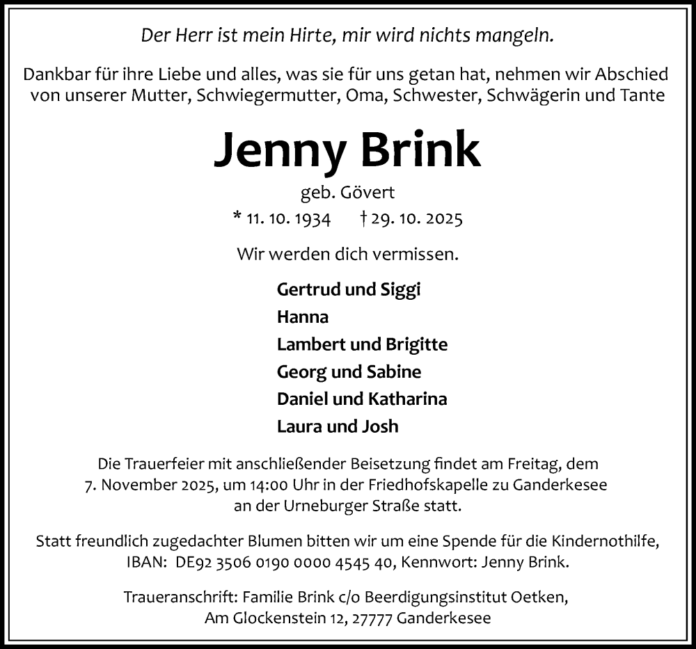  Traueranzeige für Jenny Brink vom 01.11.2025 aus DK Medien GmbH & Co. KG
