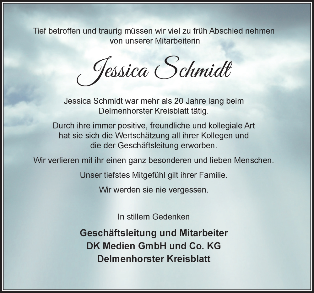  Traueranzeige für Jessica Schmidt vom 01.11.2025 aus DK Medien GmbH & Co. KG
