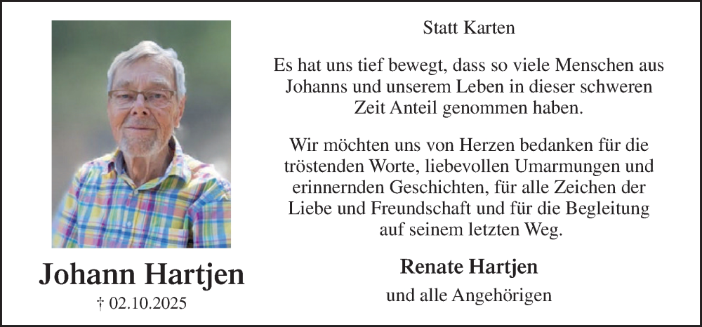  Traueranzeige für Johann Hartjen vom 08.11.2025 aus DK Medien GmbH & Co. KG