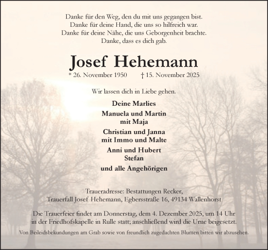 Traueranzeige von Josef Hehemann von Neue Osnabrücker Zeitung GmbH & Co. KG