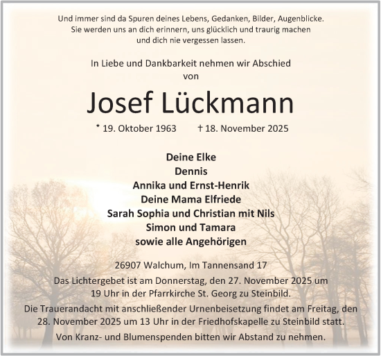 Traueranzeige von Josef Lückmann von Neue Osnabrücker Zeitung GmbH & Co. KG