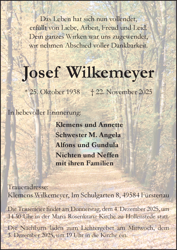  Traueranzeige für Josef Wilkemeyer vom 29.11.2025 aus Neue Osnabrücker Zeitung GmbH & Co. KG