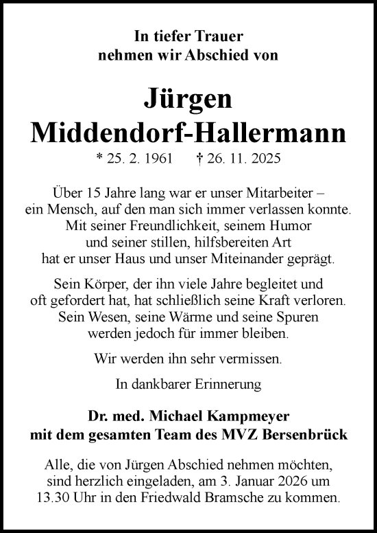 Traueranzeige von Jürgen Middendorf-Hallermann von Neue Osnabrücker Zeitung GmbH & Co. KG