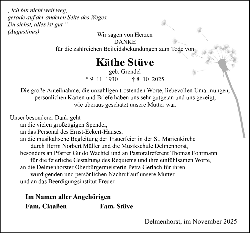  Traueranzeige für Käthe Stüve vom 01.11.2025 aus DK Medien GmbH & Co. KG