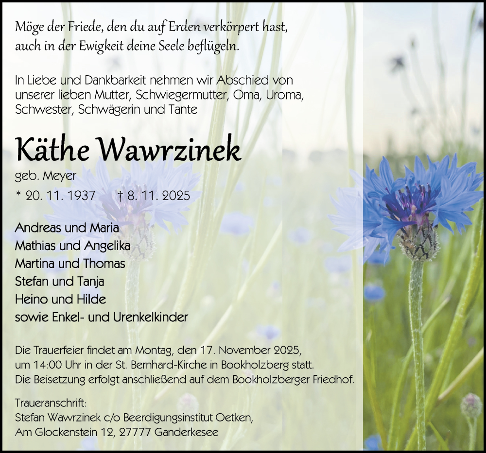  Traueranzeige für Käthe Wawrzinek vom 12.11.2025 aus DK Medien GmbH & Co. KG