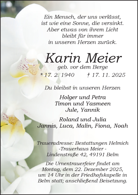 Traueranzeige von Karin Meier von Neue Osnabrücker Zeitung GmbH & Co. KG