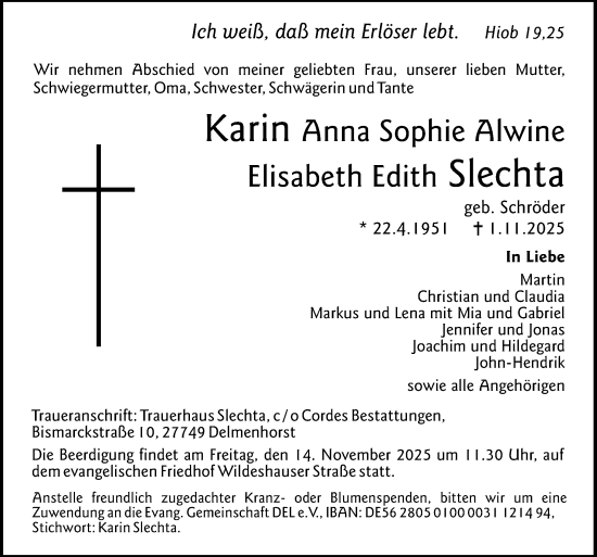 Traueranzeige von Karin Anna Sophie Alwine Elisabeth Edith Slechta von DK Medien GmbH & Co. KG