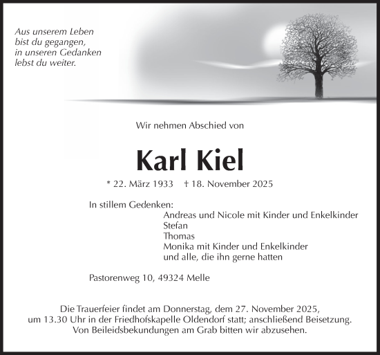 Traueranzeige von Karl Kiel von Neue Osnabrücker Zeitung GmbH & Co. KG