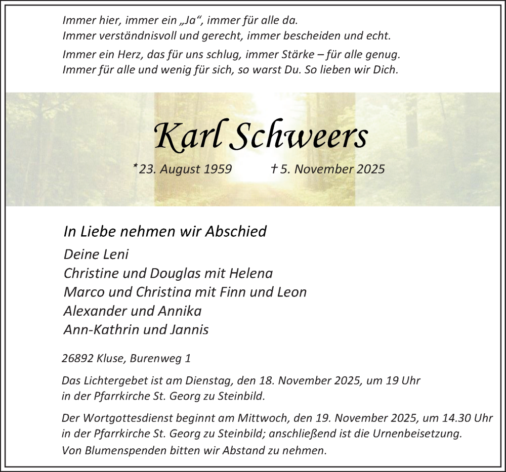  Traueranzeige für Karl Schweers vom 08.11.2025 aus Neue Osnabrücker Zeitung GmbH & Co. KG