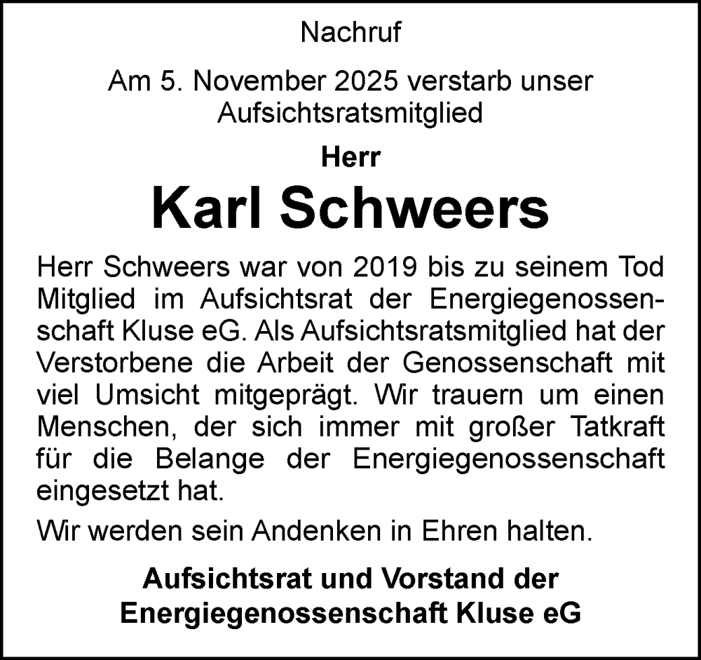  Traueranzeige für Karl Schweers vom 12.11.2025 aus Neue Osnabrücker Zeitung GmbH & Co. KG
