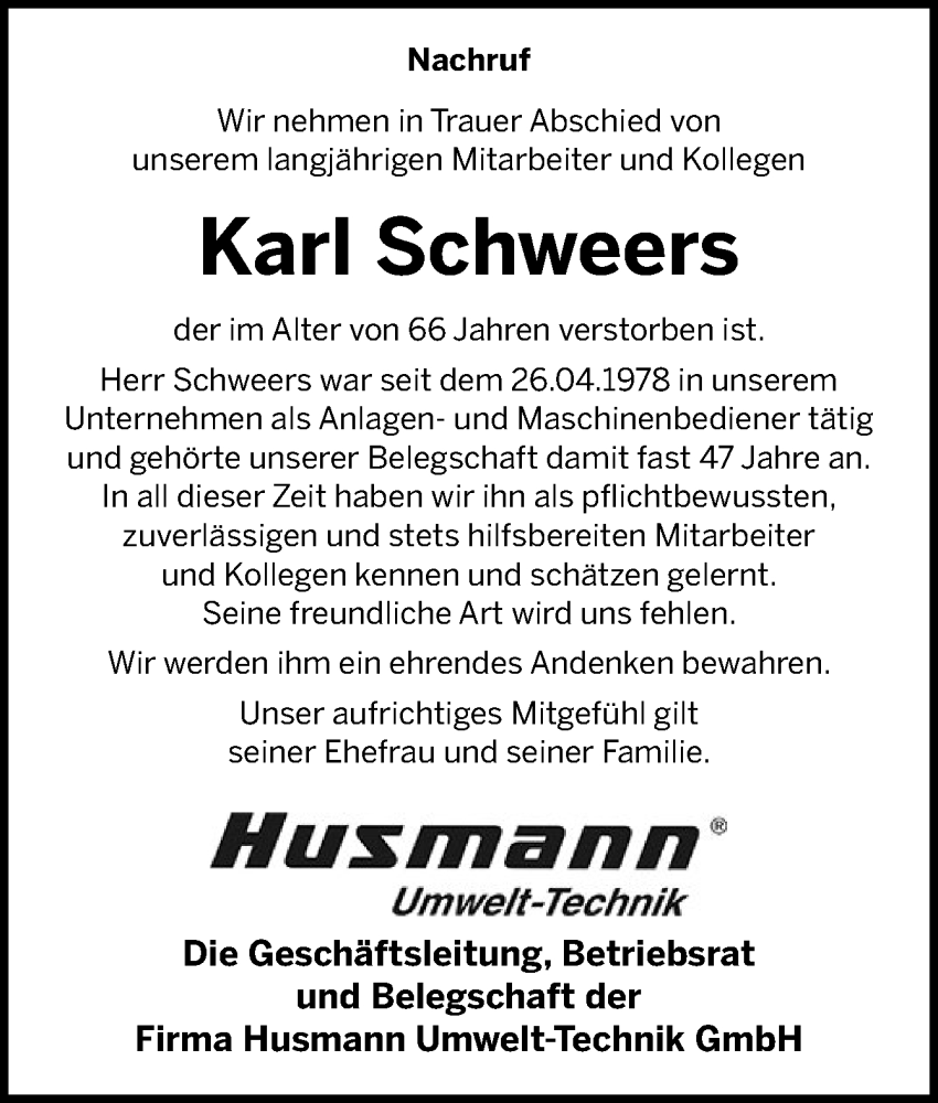 Traueranzeige für Karl Schweers vom 19.11.2025 aus Neue Osnabrücker Zeitung GmbH & Co. KG