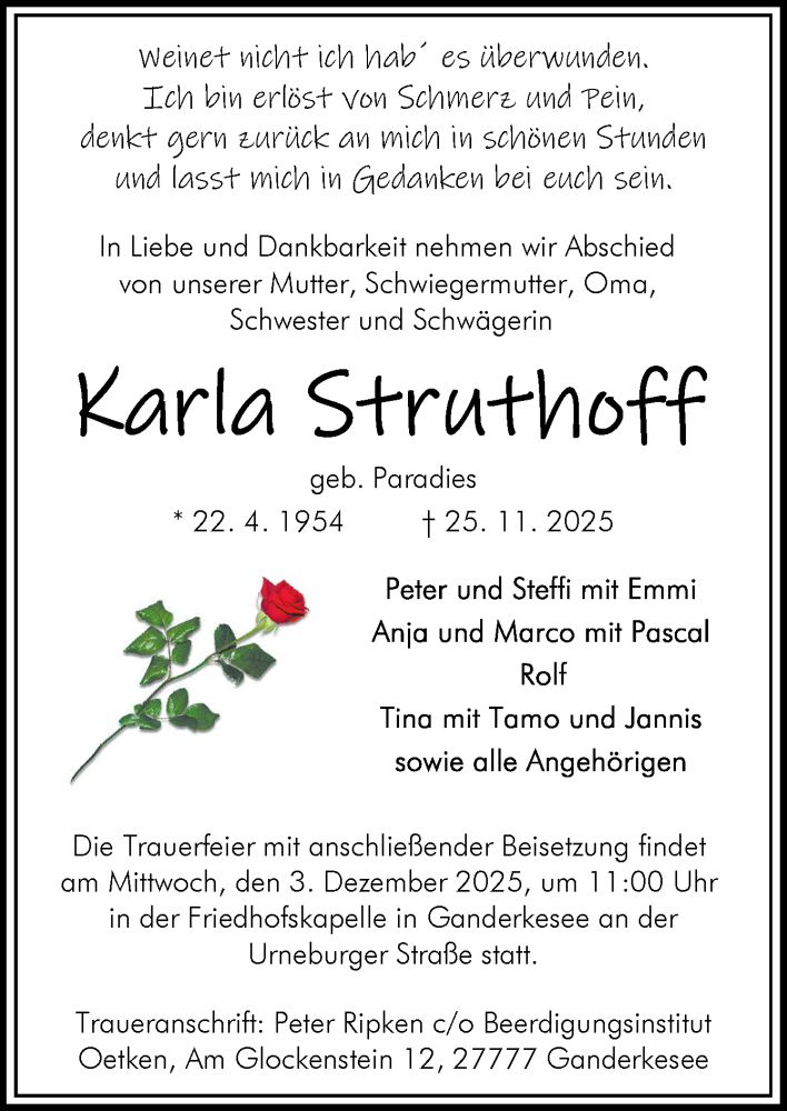  Traueranzeige für Karla Struthoff vom 29.11.2025 aus DK Medien GmbH & Co. KG
