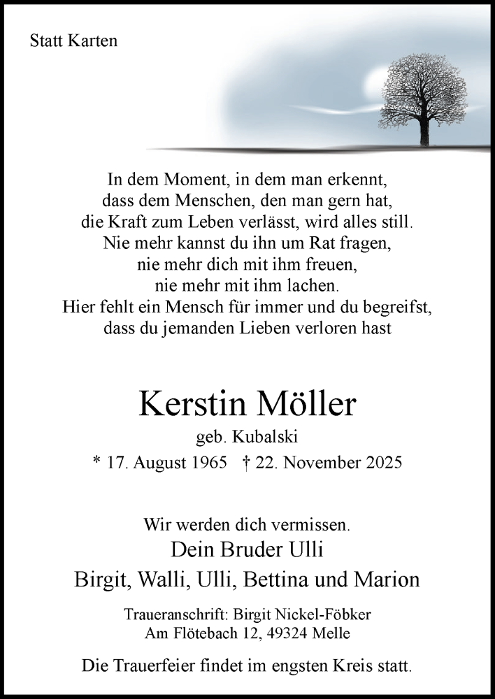  Traueranzeige für Kerstin Möller vom 29.11.2025 aus Neue Osnabrücker Zeitung GmbH & Co. KG