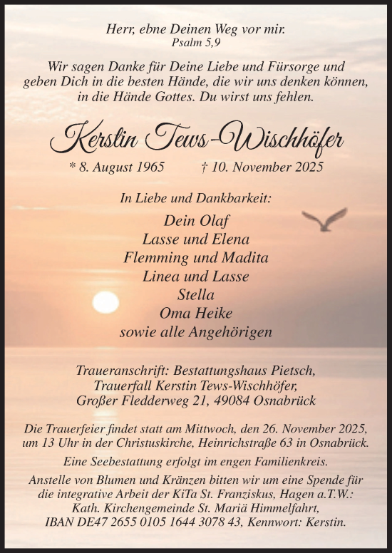 Traueranzeige von Kerstin Tews-Wischhöfer von Neue Osnabrücker Zeitung GmbH & Co. KG