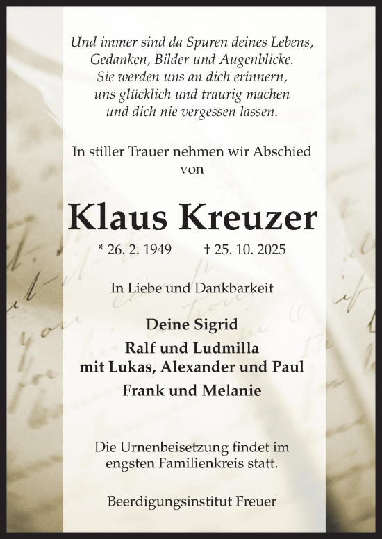 Traueranzeige von Klaus Kreuzer von DK Medien GmbH & Co. KG