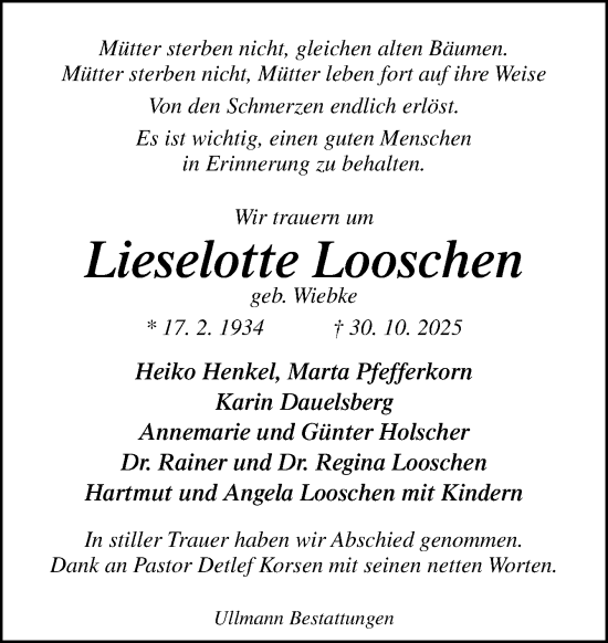 Traueranzeige von Lieselotte Looschen von DK Medien GmbH & Co. KG