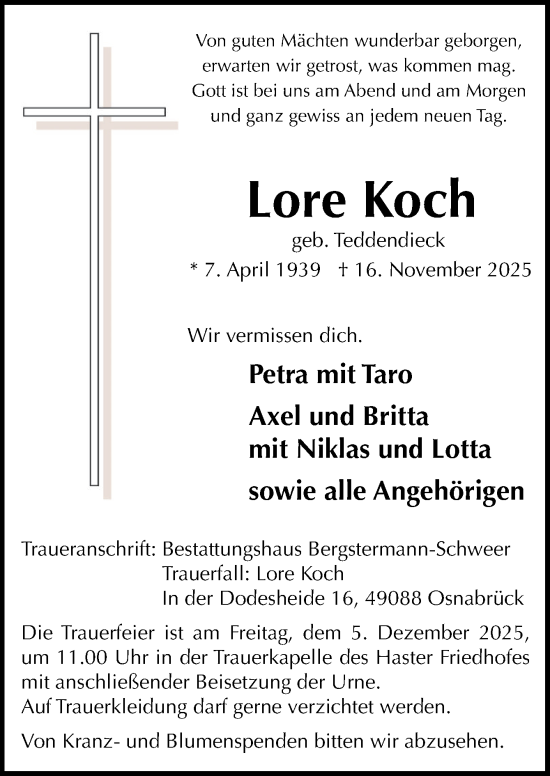 Traueranzeige von Lore Koch von Neue Osnabrücker Zeitung GmbH & Co. KG
