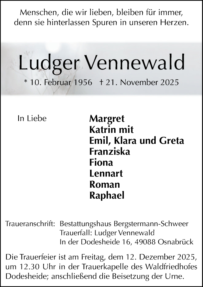  Traueranzeige für Ludger Vennewald vom 29.11.2025 aus Neue Osnabrücker Zeitung GmbH & Co. KG