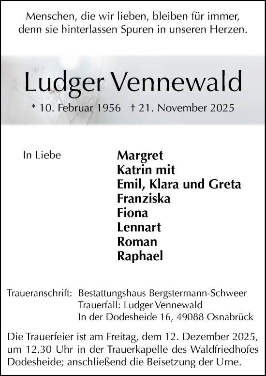 Traueranzeige von Ludger Vennewald von Neue Osnabrücker Zeitung GmbH & Co. KG