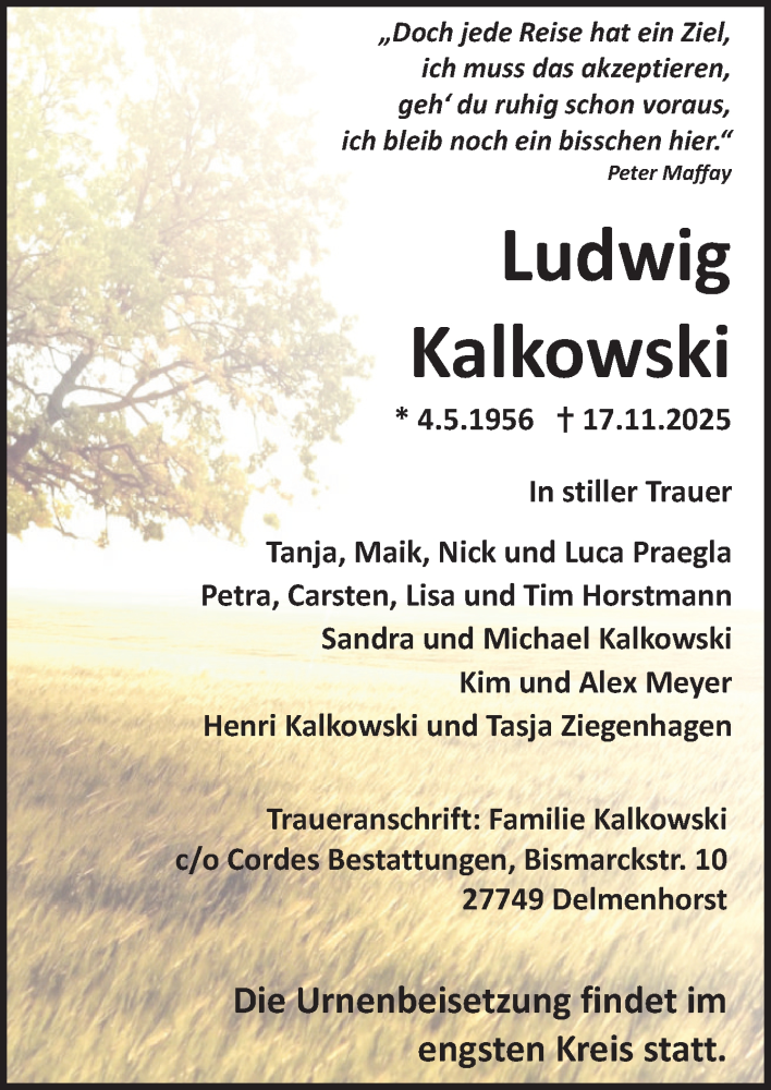  Traueranzeige für Ludwig Kalkowski vom 29.11.2025 aus DK Medien GmbH & Co. KG