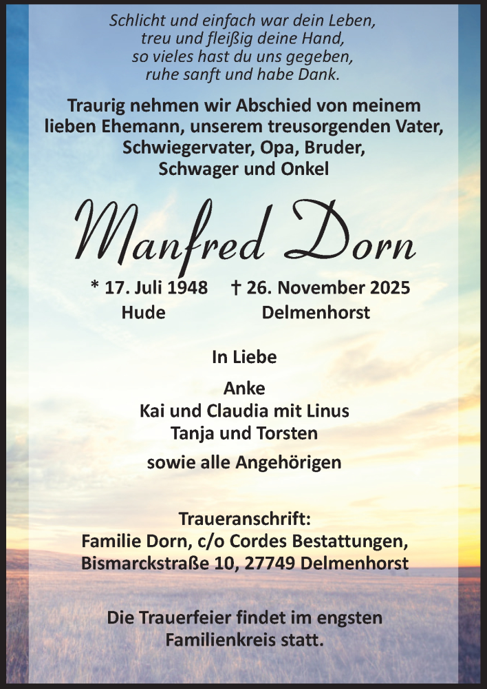  Traueranzeige für Manfred Dorn vom 29.11.2025 aus DK Medien GmbH & Co. KG