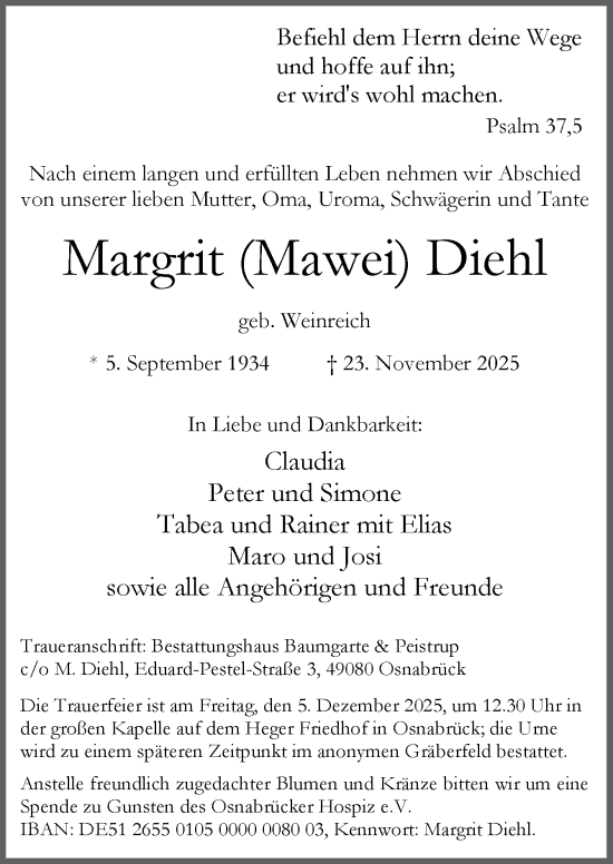 Traueranzeige von Margrit Diehl von Neue Osnabrücker Zeitung GmbH & Co. KG