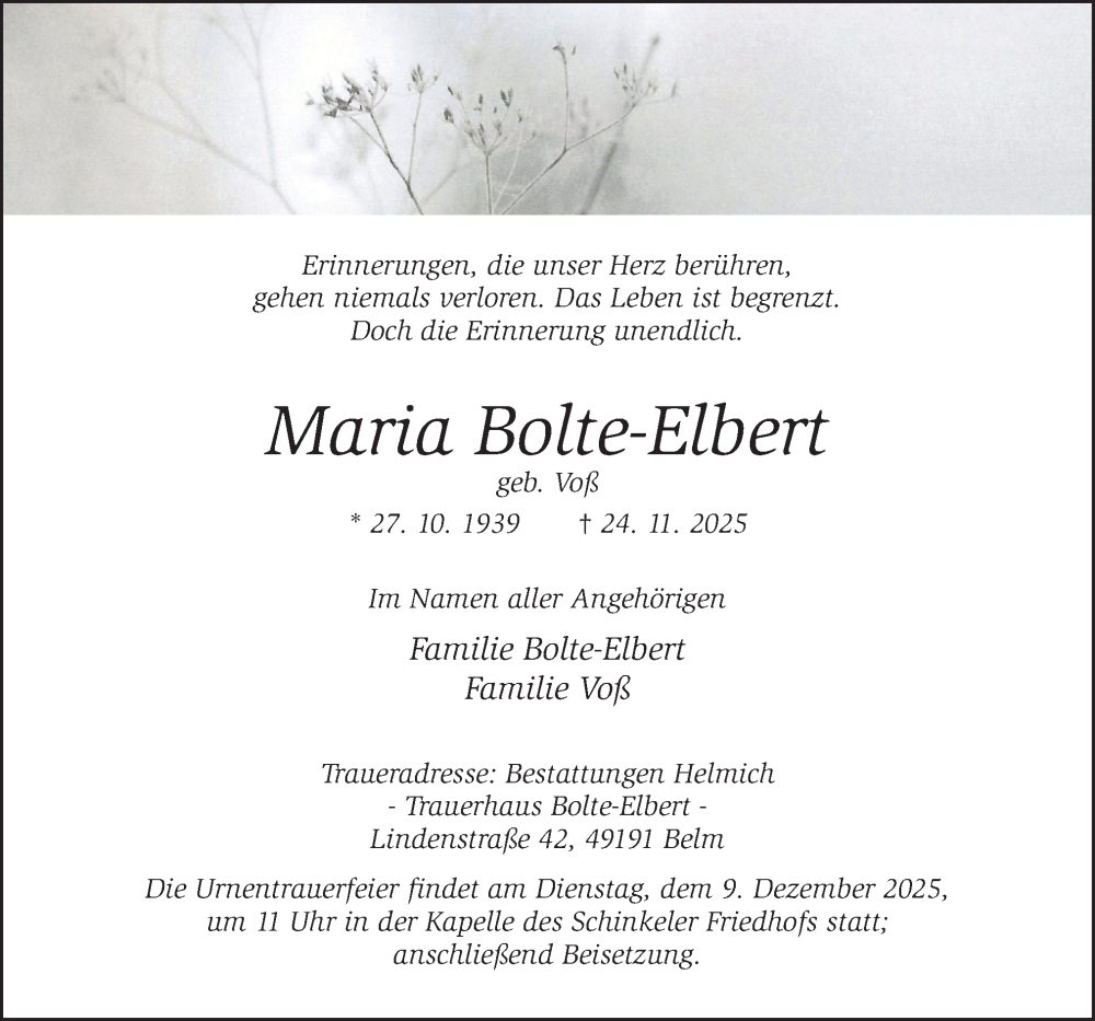  Traueranzeige für Maria Bolte-Elbert vom 29.11.2025 aus Neue Osnabrücker Zeitung GmbH & Co. KG