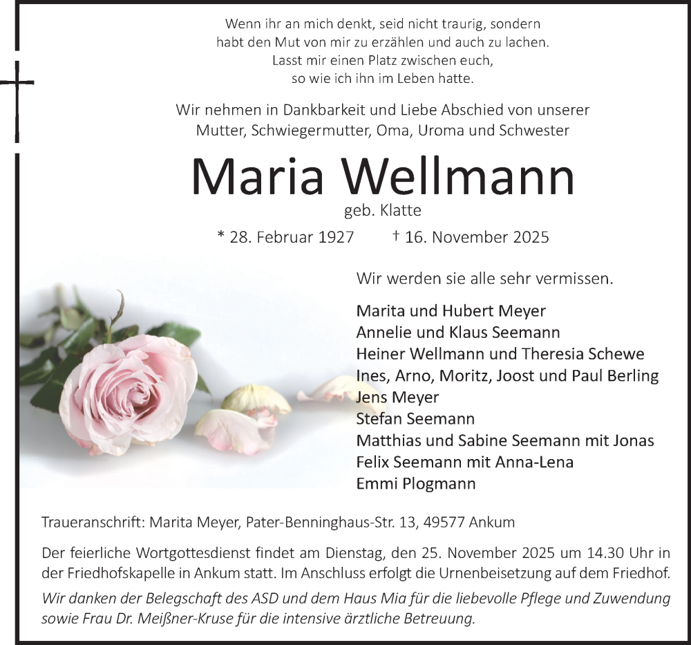  Traueranzeige für Maria Wellmann vom 21.11.2025 aus Neue Osnabrücker Zeitung GmbH & Co. KG