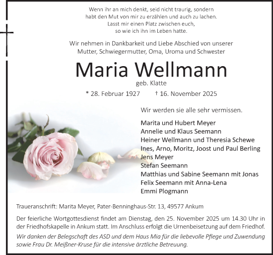 Traueranzeige von Maria Wellmann von Neue Osnabrücker Zeitung GmbH & Co. KG