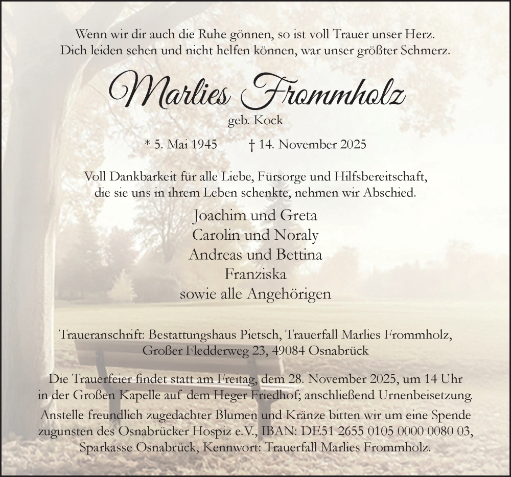  Traueranzeige für Marlies Frommholz vom 22.11.2025 aus Neue Osnabrücker Zeitung GmbH & Co. KG