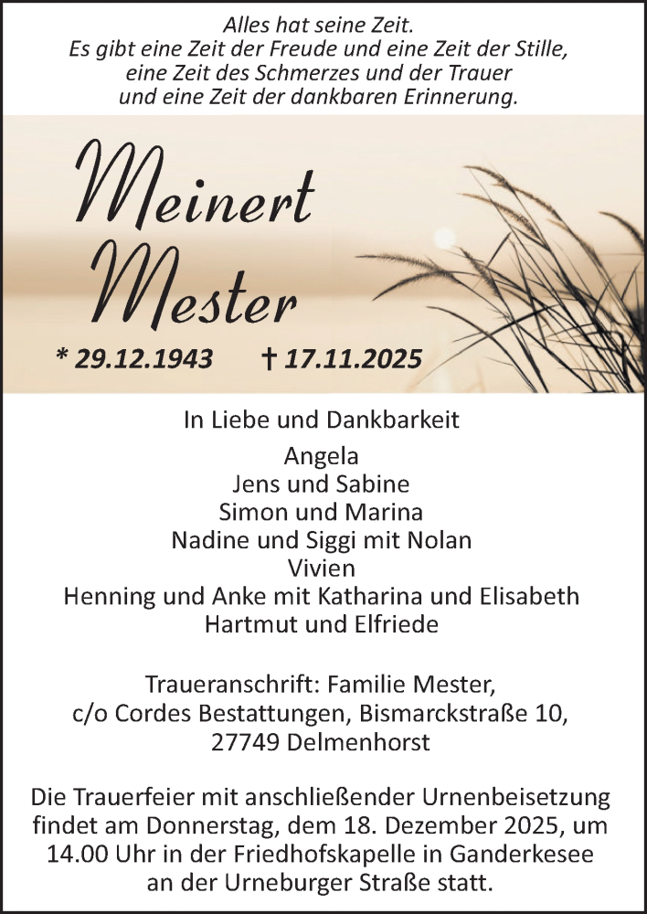  Traueranzeige für Meinert Mester vom 22.11.2025 aus DK Medien GmbH & Co. KG