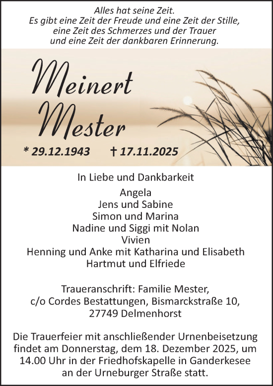 Traueranzeige von Meinert Mester von DK Medien GmbH & Co. KG