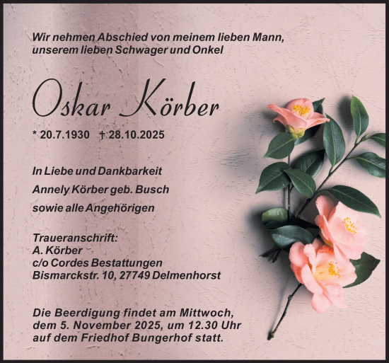 Traueranzeige von Oskar Körber von DK Medien GmbH & Co. KG