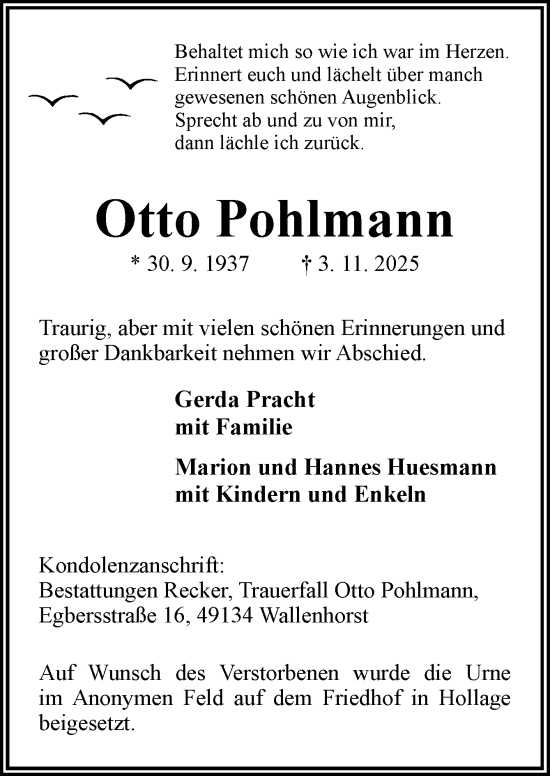 Traueranzeige von Otto Pohlmann von Neue Osnabrücker Zeitung GmbH & Co. KG