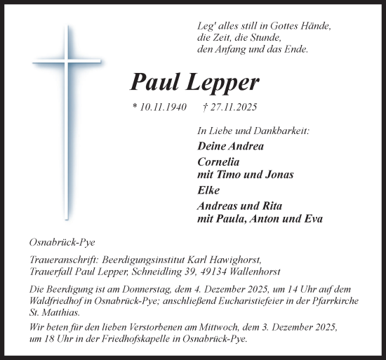 Traueranzeige von Paul Lepper von Neue Osnabrücker Zeitung GmbH & Co. KG