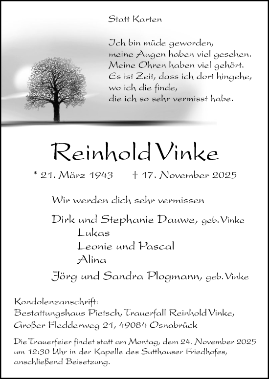 Traueranzeige von Reinhold Vinke von Neue Osnabrücker Zeitung GmbH & Co. KG