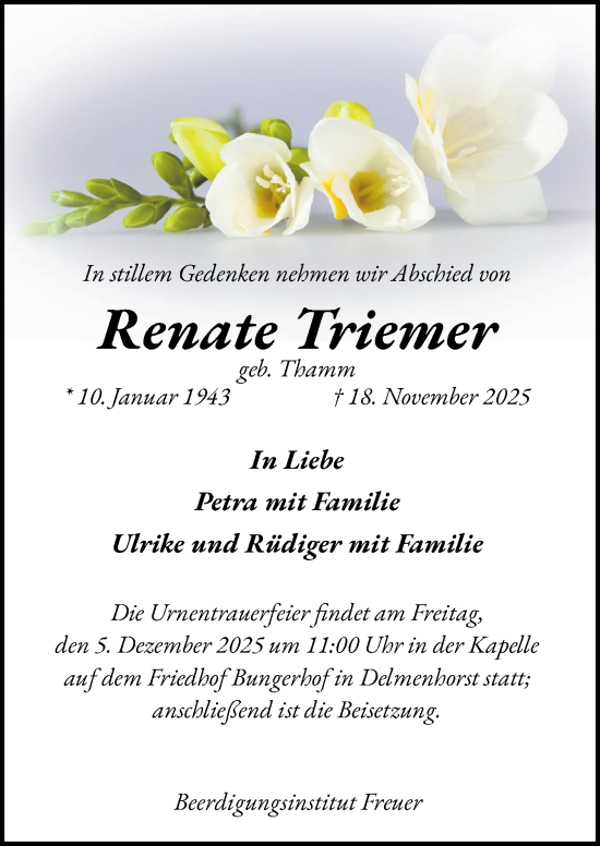 Traueranzeige von Renate Triemer von DK Medien GmbH & Co. KG