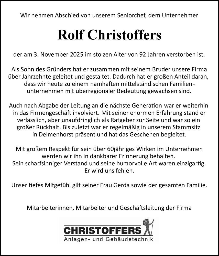  Traueranzeige für Rolf Christoffers vom 08.11.2025 aus DK Medien GmbH & Co. KG