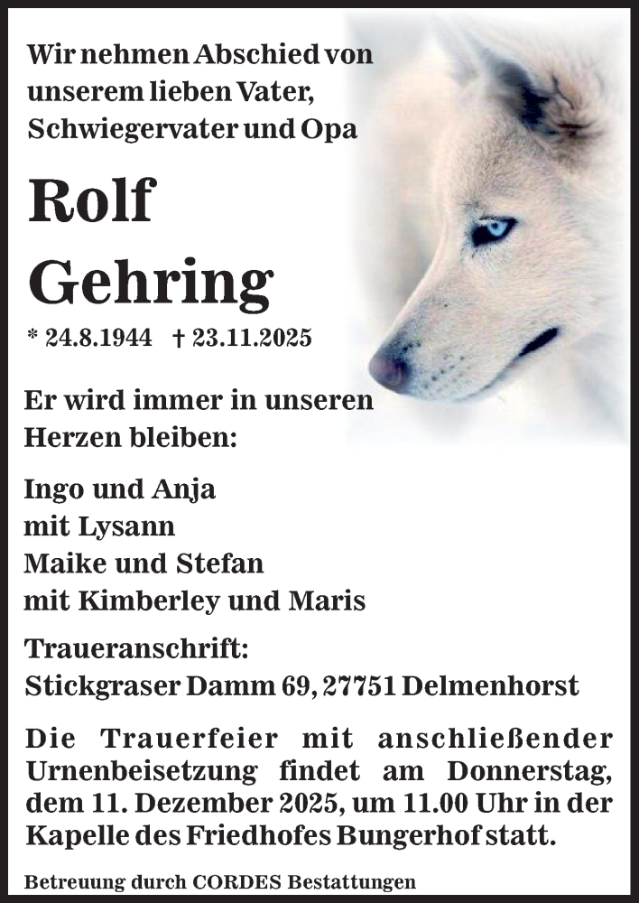  Traueranzeige für Rolf Gehring vom 29.11.2025 aus DK Medien GmbH & Co. KG